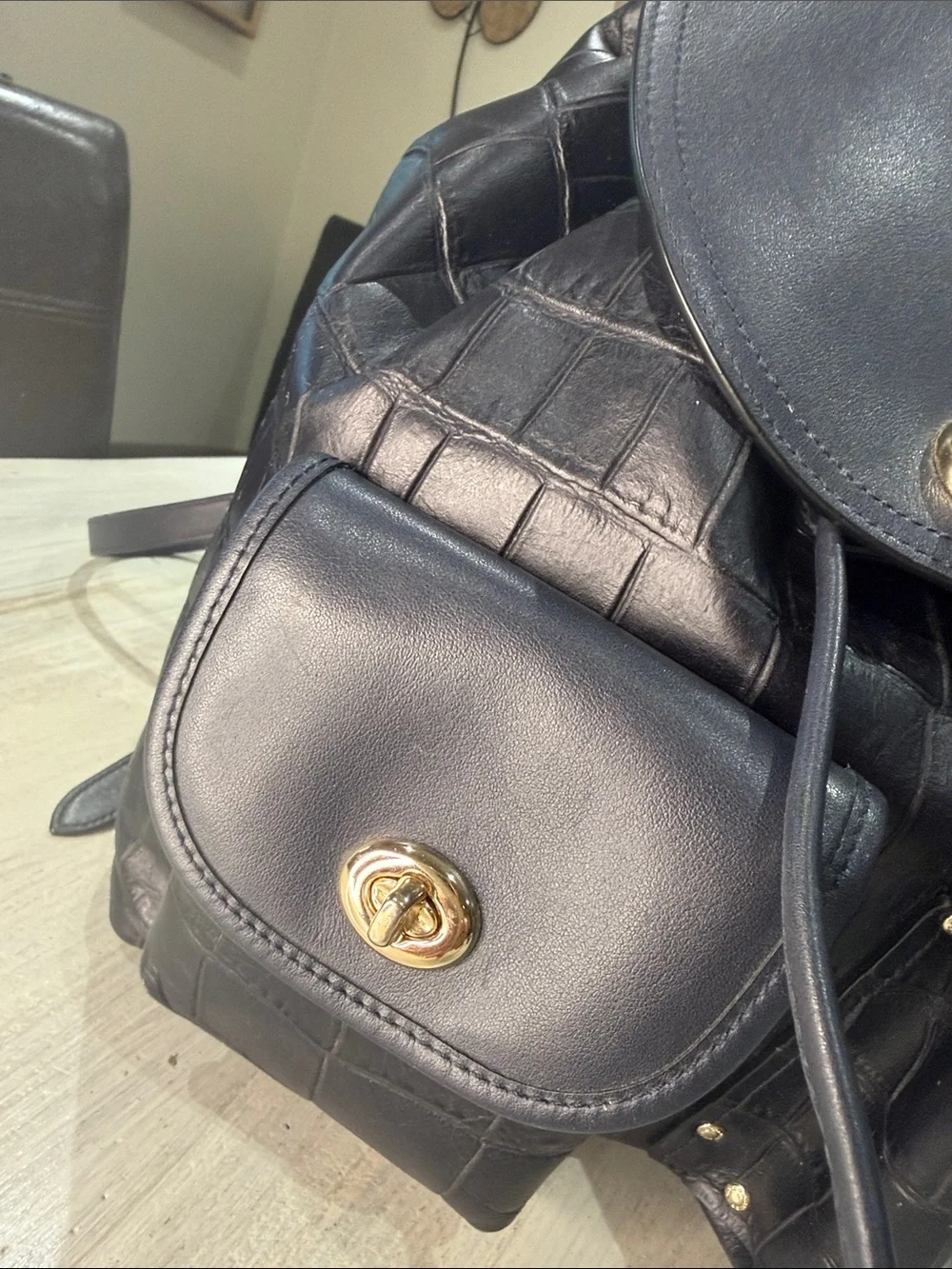 Coach Dark Navy Croc-Embossed Leather Rucksack  Backpack with Gold-Tone Hardware
